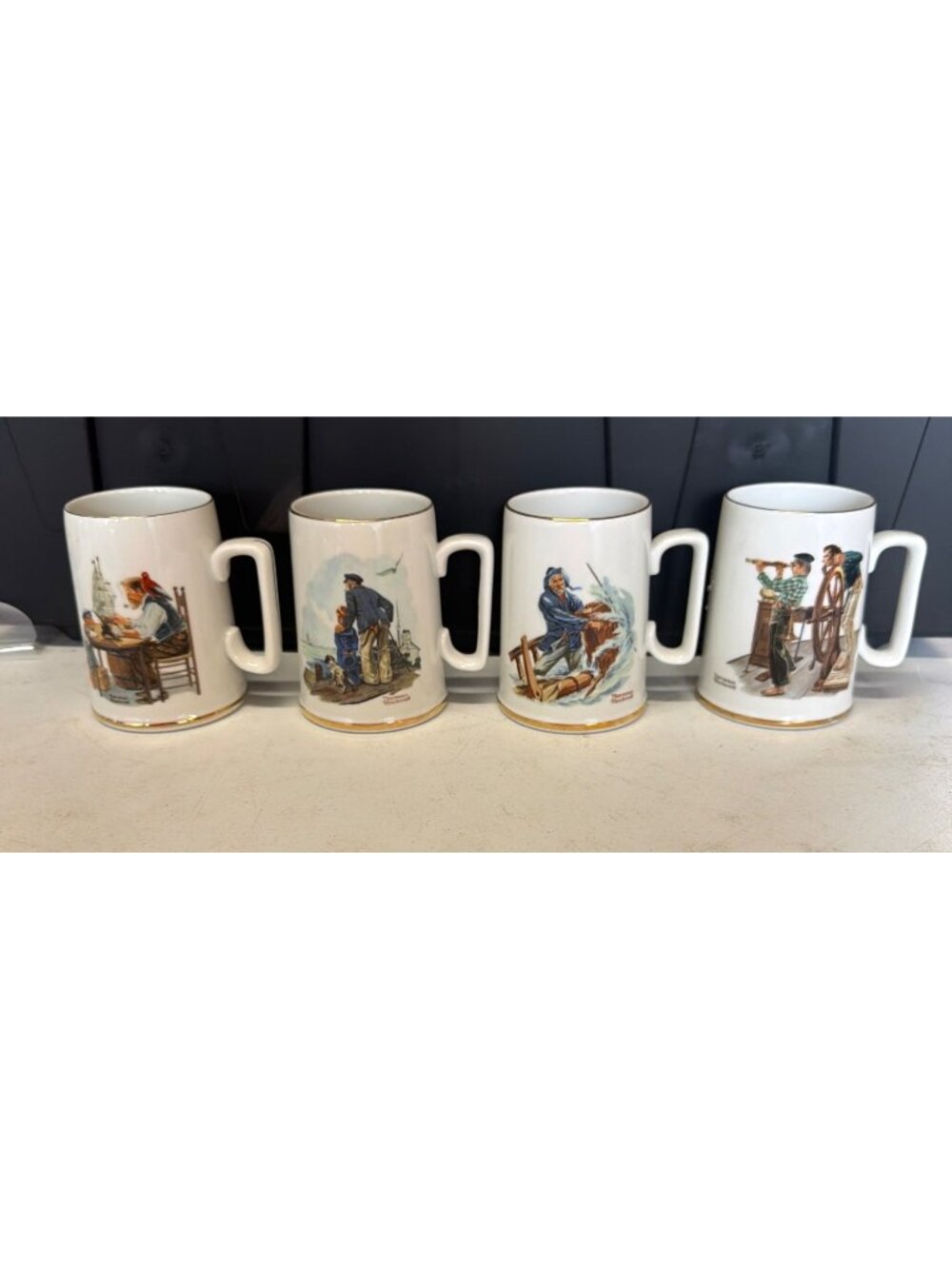 Norman Rockwell Porcelain Mug Set 1985 "For A Good Boy" & "Looking Out To Sea"